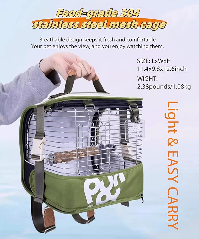 Portable Bird Travel Cage Backpack – Durable Stainless Steel Mesh Carrier with Stand/Tray, for Parrots, Cockatiels, Conures, and Parakeets – Perfect for Outdoor Adventures (Green)