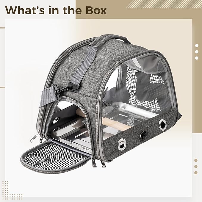 Airline-Approved Parrot Pet Backpack Carrier, Clear Mesh, Adjustable Strap, Stainless Steel Tray for Parrots, Hamsters, and Small Animals