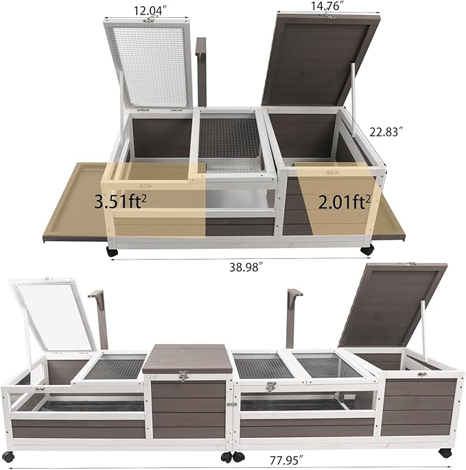 PetsCosset Tortoise Habitat Cage on Wheels with Lamp Stand & Pull-Out Waterproof Tray – Large Wooden Tortoise House, Indoor & Outdoor Reptile Enclosure 39" L x 23" W x 14" H Single Habitat