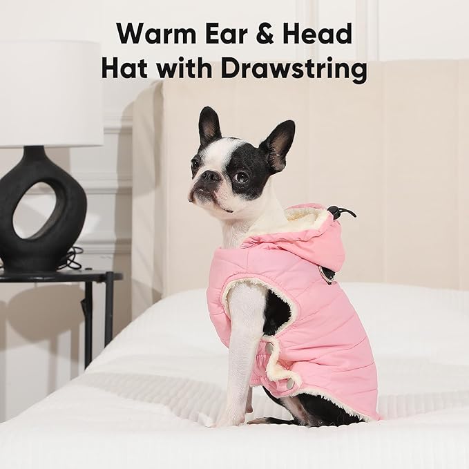 Vecomfy Fleece Lining Dog Hoodie with Harness Built in,Extra Warm Medium Dog Jacket in Winter Doggie Coats with Drawstring Hooded,Light Pink XL