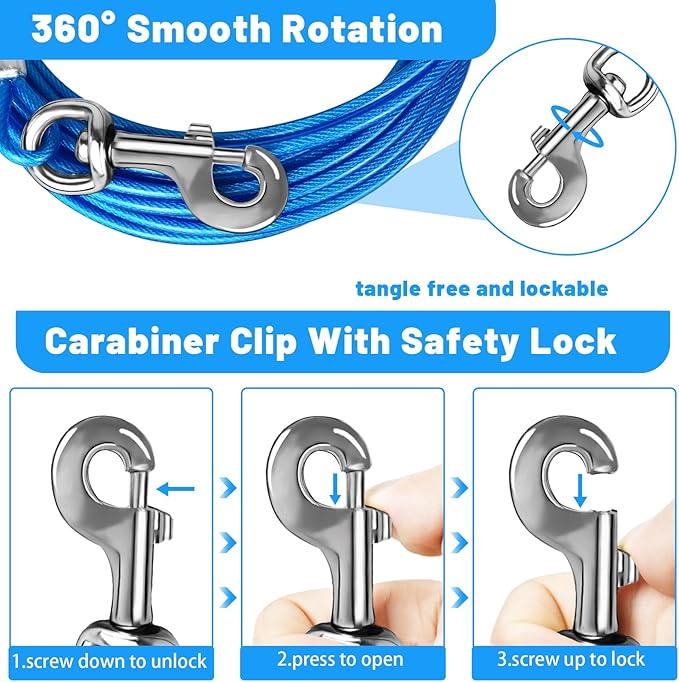 Dog Tie Out Cable 10/15/20/25/30/50 FT Runner for Yard Steel Wire Cable Blue Dog Chains for Outside Dogs Lead for Large Dogs Up to 165 lbs