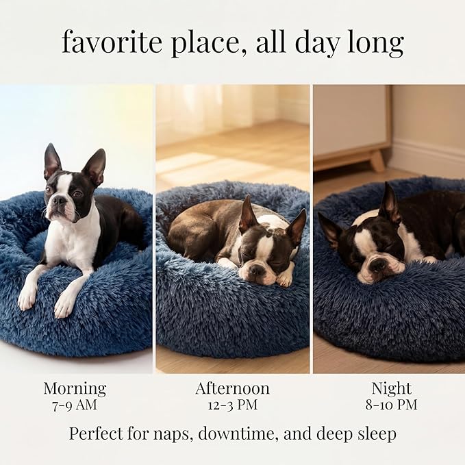 Calming Dog Bed for Medium Dogs Washable Donut 30 inches Anti-Slip Pet Bed,Round Fluffy Plush Faux Fur Cat Bed,Fits up to 45 lbs Pets,Navy Blue