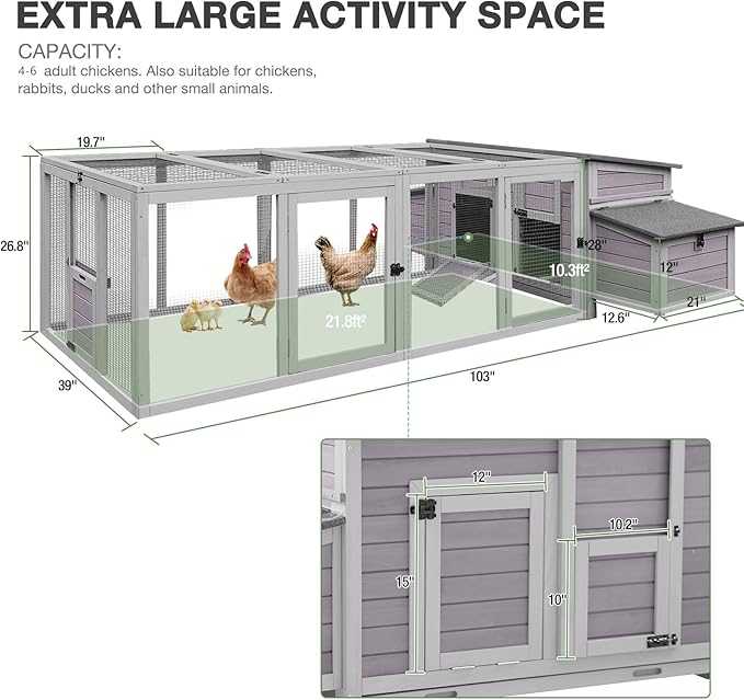 103’’ Large Chicken Coop with Run, Wooden Chicken House with Two Large Nesting Box and Leakproof Tray, Outdoor Hen House Poultry Cage for 4-6 Chickens, Waterproof Roof