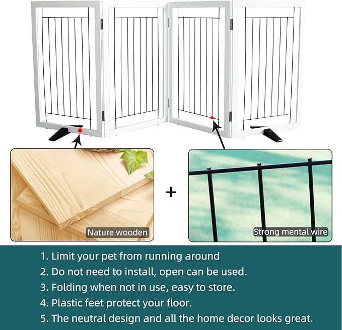 ZJSF Freestanding Dog Gate Indoor, Foldable Dog Fence for Doorways,Hallways or Stairs, Sturdy Wood Extra Wide Pet Gate with Support Feet,White,32 "Height-4 Panels