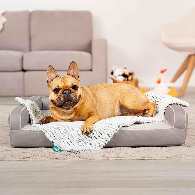 FurHaven Waterproof Dog Blanket – Birch Faux Fur & Suede Calming Throw for Pets, Washable – Gray, Large