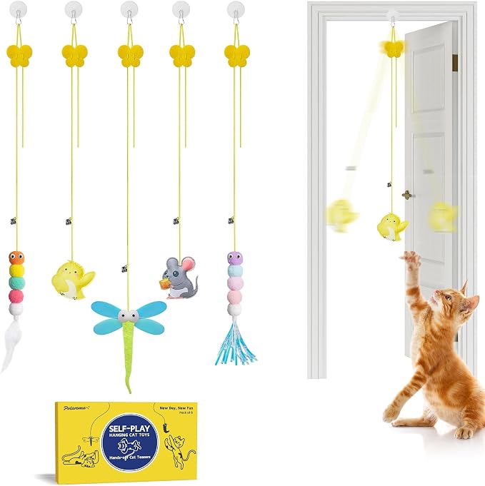 Potaroma Interactive Cat Feather Toys 5 Pcs, Cat Teaser Retractable Hanging Indoor Kitten Play Chase Exercise, Mental Physical Stimulation for All Breeds and Species by Potaroma