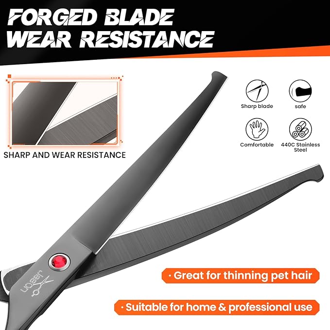 JASON 7" Dog Grooming Shear - Professional Up-curved Scissor with Round Tips Japanese Stainless Steel Hair Scissor for Dogs, Cats and Other Pets (Curved with Round Tips, Black) Christmas Gift
