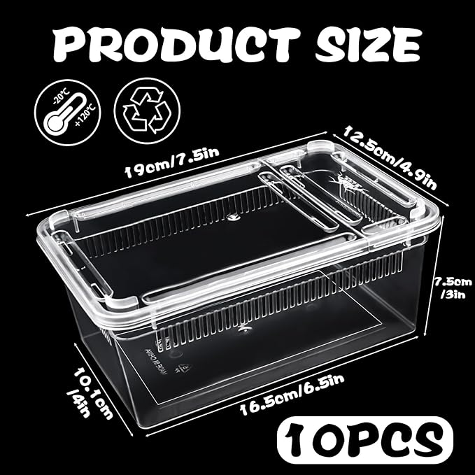10 PCS Reptile Feeding Box, Isopod Enclosure Plastic Terrarium, Reptile Breeding Box for Bearded Gecko Dragon Lizard Spider Frog, Rreptile Carrier (Clear) (Clear, 7.5x4.9x3 in)