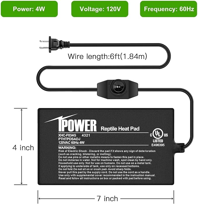 iPower 4x7 Inch Reptile Heating Pad with Adjustable Controller Knob, Under Tank Heater Mat for Turtles, Lizards, Snakes, Amphibians & Small Pets, 2 Pack