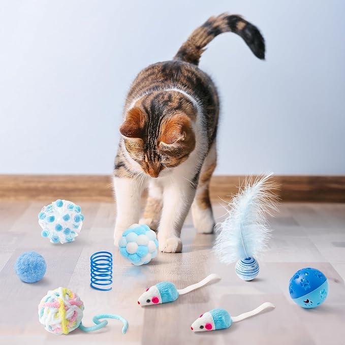 MALLMALL6 Cat Toy Set Interactive Cat Toys 10Pcs Pack Including Cat Springs Feather Teaser Wand Mice Crinkle Balls and Pet Bell Balls, Puzzle Interactive Pet Gift Pack Toys for Indoor Kitten (Blue) - Image 5