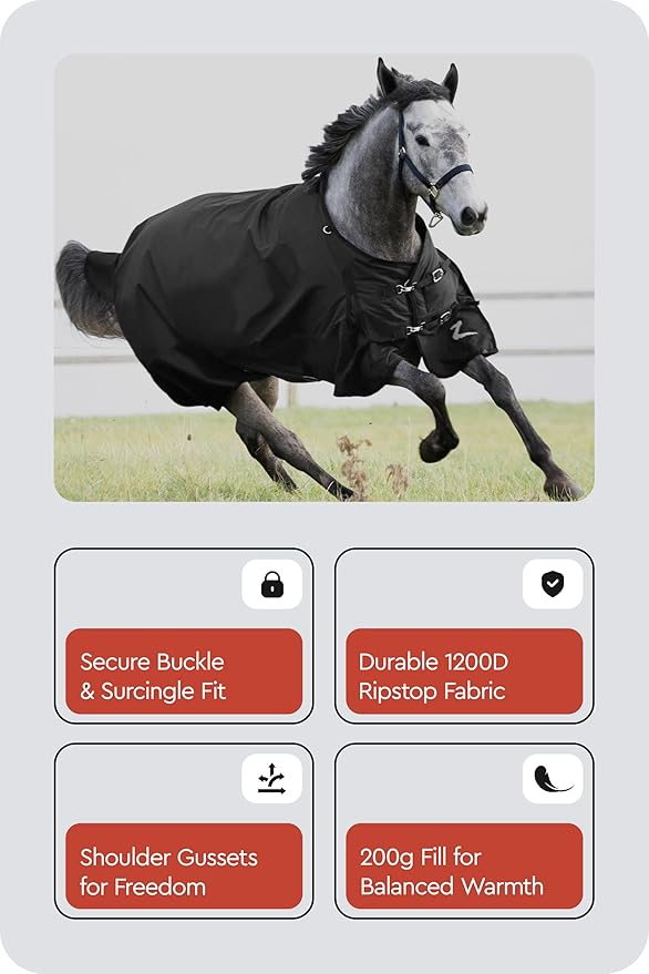 HORZE Nevada Medium Weight 1200D Waterproof Horse Turnout Blanket (200g Fill) - Black - 81 in