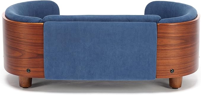 Elevated Dog Bed Pet Sofa with Solid Wood Legs and Bent Soft Backrest, Pet Cat Stool Bed with Velvet Cushion,for Small and Medium Size Dogs Kitten, Blue, Small Size