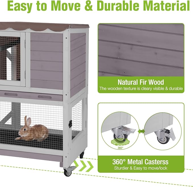 Rabbit Hutch Indoor Outdoor, 2-Story Bunny Cage with Wheels, Wooden Rabbit House with Leakproof Trays, Rain Cover, Guinea Pig Cages with Chew-Proof Ramp (Grey)