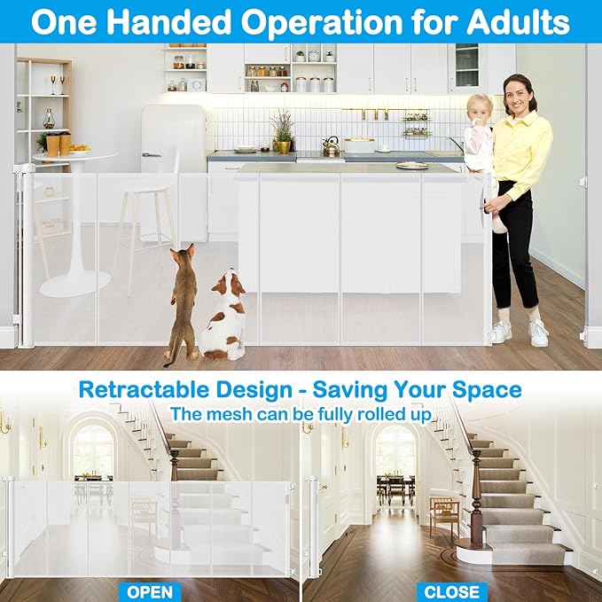 Reinforced 42” Extra Tall X 159” Extra Wide Retractable Gate Indoor Prevent Kids and Pets from Getting Through Tall Retractable Baby Gates for Doorways Pet Gates for Wide Openings Mesh Baby Gate White