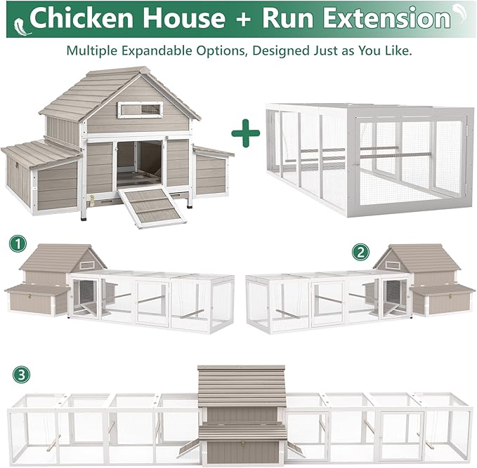 Large Chicken Coop Chicken House Outdoor with 6 Nesting Boxes & Pull-Out Tray for 4-6 Chickens, Wooden Backyard Hen House Poultry Cage with Weatherproof Openable Roof, 3 Perches, Expandable Run