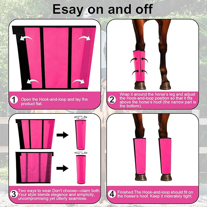 Fly Boots for Horses Set of 4 Breathable Textilene Mesh Horse Fly Boots with Stable Support & UV Protection, Comfortable Equine Boots, Reduces Stomping, Leg Fatigue & Hoof Damage(Magenta)
