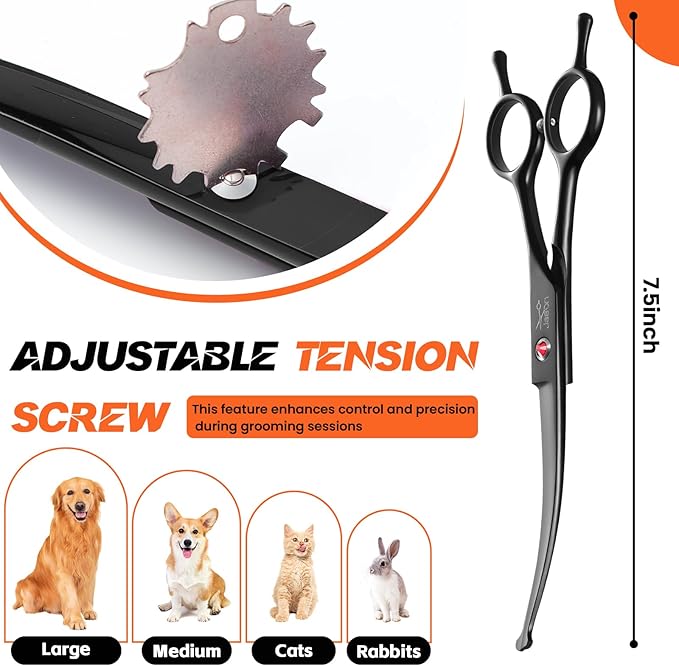 JASON 7" Dog Grooming Shear - Professional Up-curved Scissor with Round Tips Japanese Stainless Steel Hair Scissor for Dogs, Cats and Other Pets (Curved with Round Tips, Black) Christmas Gift
