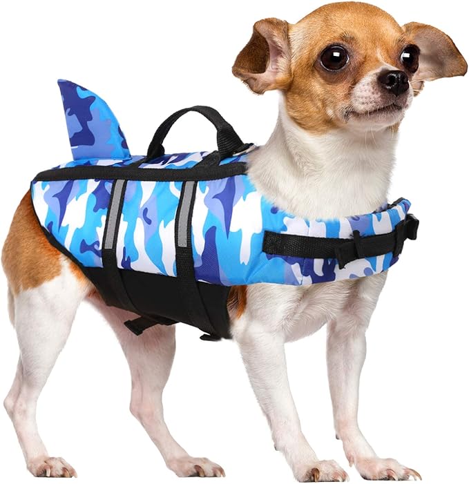Queenmore Dog Life Jacket Pet Safety Vest High Buoyancy Camouflage Color Cute Shark with Strong Rescue Handle and Leash Ring for Boating, Canoeing, Surfing, Hunting