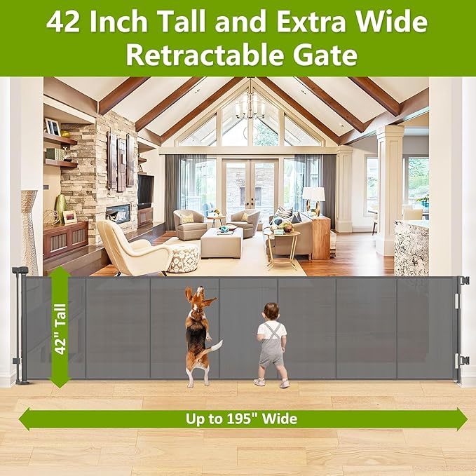 Reinforced 42" Tall Retractable Dog Gate Mesh Baby Fence Gate, 16 Ft Long Baby Gates Indoor Extra Long Gates for Kids or Pets, Outdoor Retractable Gate with Support Rods - Prevent Crawling Under, Gray