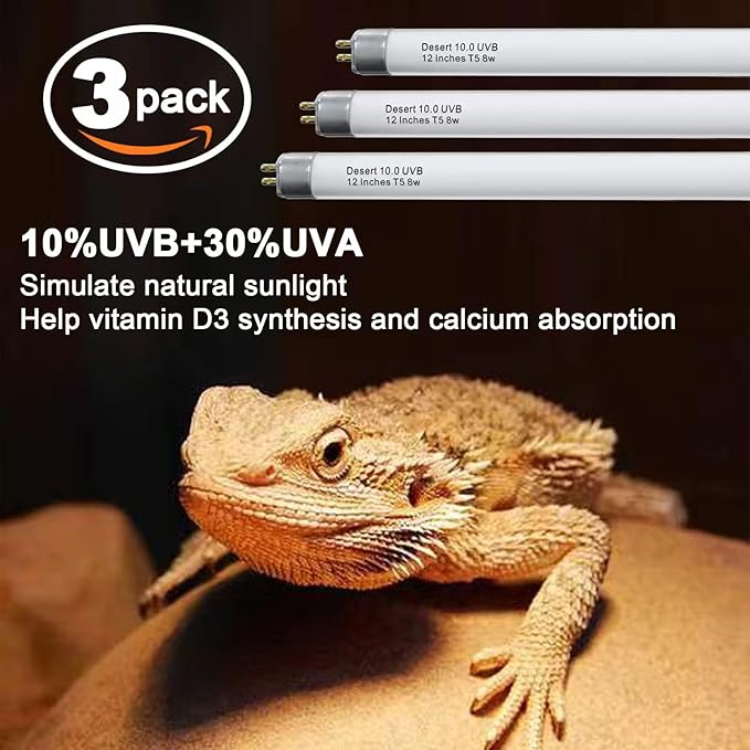 Celiwace T5 10.0 UVB Reptile Light Bulb 8W 12 Inch, Desert Reptile UVB Bulb 8 Watt for Lizards, Bearded Dragons, Chameleons, Turtles, Tortoises 3 Pack