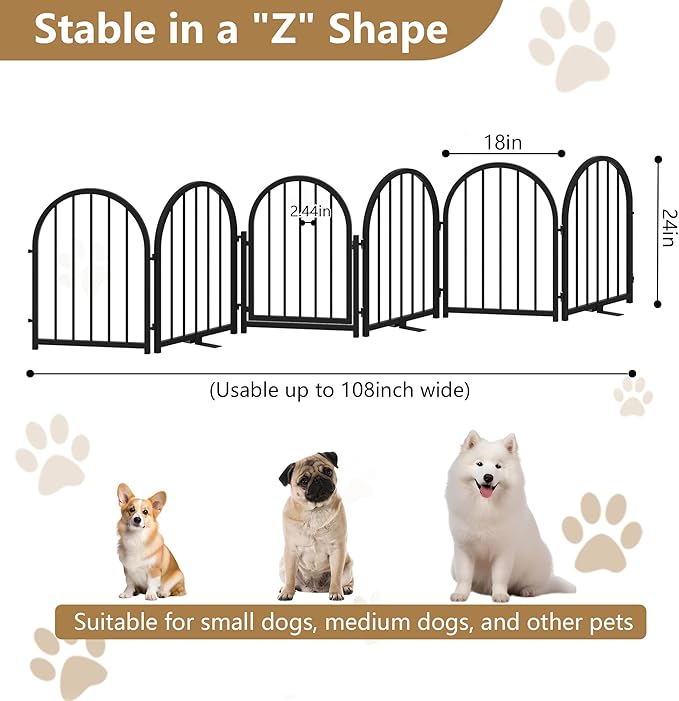 PUPETPO Full Metal Dog Gate with Door for Indoor Outdoor, 24" Tall Free Standing Pet Dog Fence, 108" Extra Wide Pet Gates for Stairs, Hallways, Doorways, Kitchen, Decks, Yards (Black, 6 Panels)