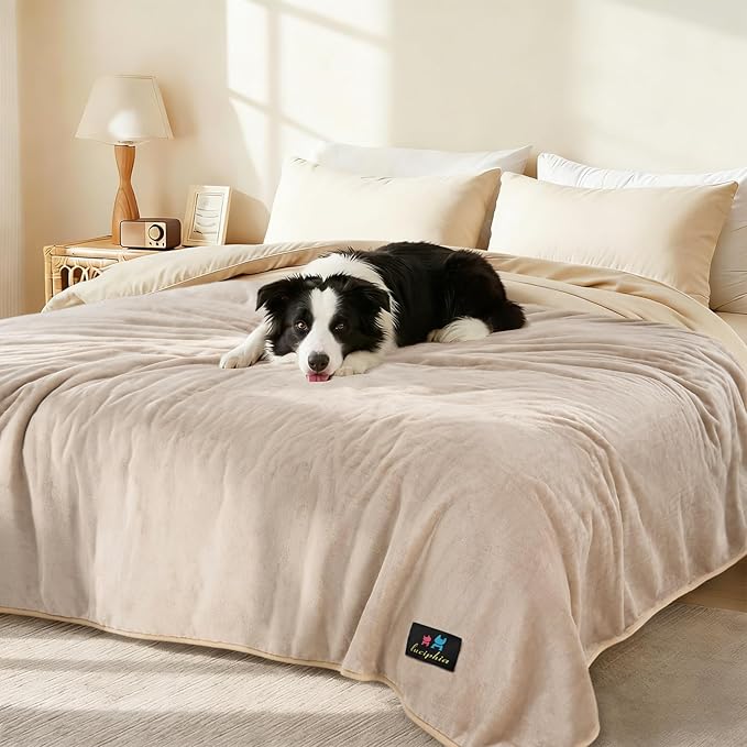 Luciphia Waterproof Pet Blanket, Liquid Pee Proof Dog Blanket for Sofa Bed Couch, Reversible Sherpa Fleece Furniture Protector Cover for Small Medium Large Dogs Cats, Khaki+Beige Medium（57" x 40"）
