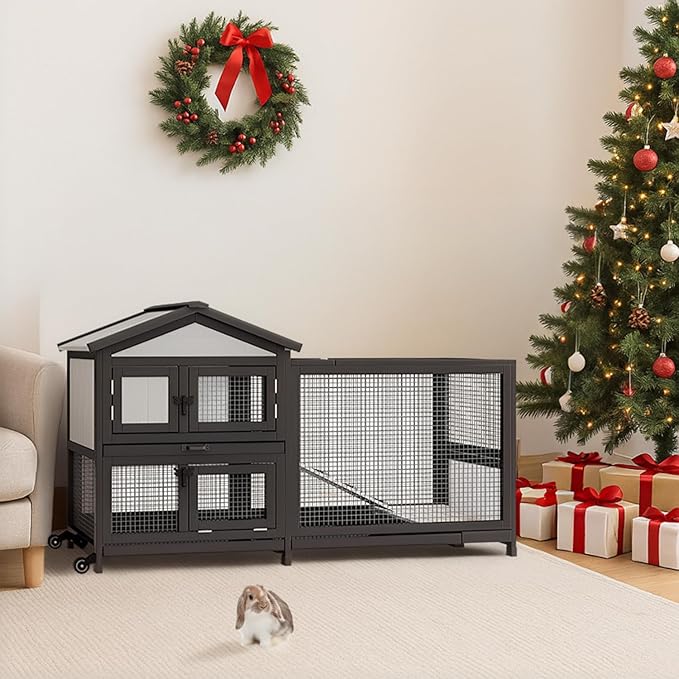 57.9” Indoor/Outdoor Rabbit Hutch with Run, 2-Story Wooden Bunny House with Leak-Proof Trays & Chew-Proof Ramp, Wheels for Easy Movement
