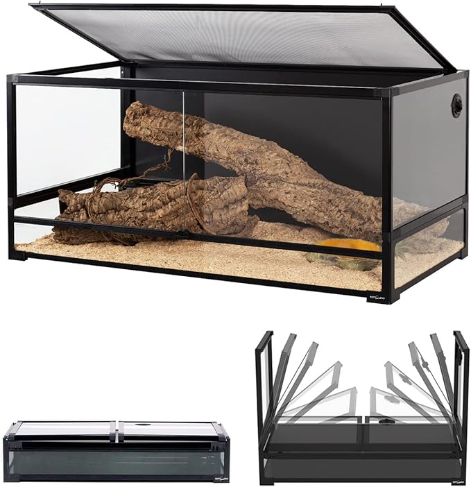 REPTI ZOO Collapsible 120 Gallon Reptile Tank, Tempered Glass Large Reptile Terrarium 48"x24"x24", Black PVC Back, Front & Top Ventilation & Anti Escape Lid, Easy Folding