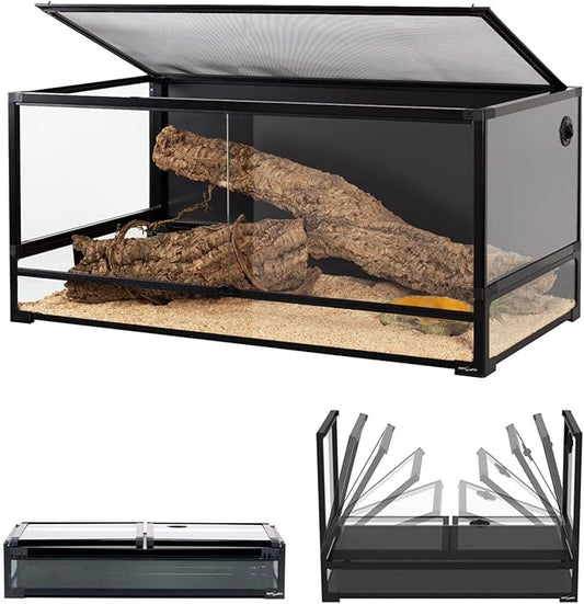 REPTI ZOO Collapsible 120 Gallon Reptile Tank, Tempered Glass Large Reptile Terrarium 48"x24"x24", Black PVC Back, Front & Top Ventilation & Anti Escape Lid, Easy Folding