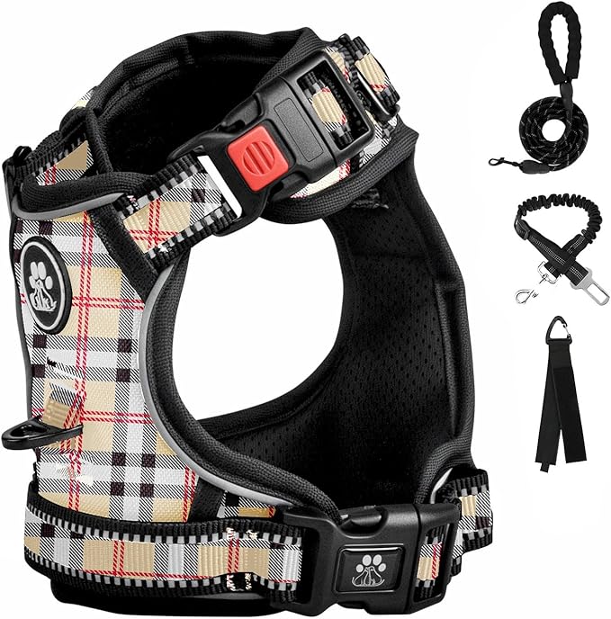 FURRYFECTION Plaid Dog Harness for Large Dogs, Reflective No Pull Adjustable Pet Vest with Front Clip, Leash, Easy Control Handle and Seat Belt, Beige&White, XL