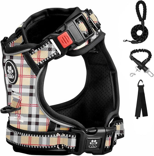 FURRYFECTION Plaid Dog Harness for Small Dogs, Reflective No Pull Adjustable Pet Vest with Front Clip, Leash, Easy Control Handle and Seat Belt, Beige&White, S