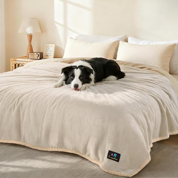 Waterproof Pet Blanket, Liquid Pee Proof Dog Blanket for Sofa Bed Couch, Reversible Sherpa Fleece Furniture Protector Cover for Small Medium Large Dogs Cats, Grey Beige Medium（57" x 40"）
