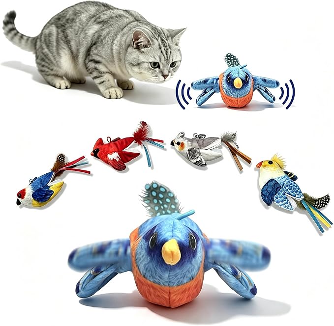 Interactive Flapping Bird Cat Toy for Indoor Cats, Auto Chirping Cat Toys, Touch Activated Rechargeable Self Play for All Breeds Cat Kicker Toys, with 5 Bird Covers and Catnip Pouches by Aurapaws