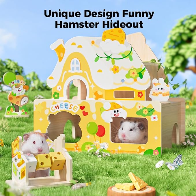 mini&moe Hamster Houses and Hideouts – Wooden Multi-Room Hamster Hideout Small Animal Habitat Decor Shelter with Platform for Dwarf Gerbils Chinchilla Rat Mouse