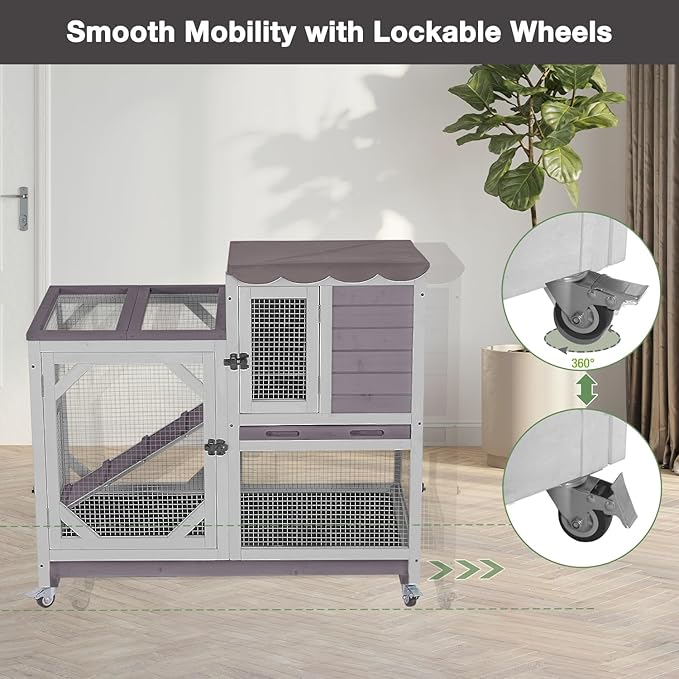 Large Rabbit Hutch Indoor Outdoor, 2-Tier Bunny Hutch with Wheels and Waterproof Roof, Wooden Guinea Pig Cage with Leak-Proof Pull-Out Trays, Multi-Door Bunny Cage for Small Animals-Grey