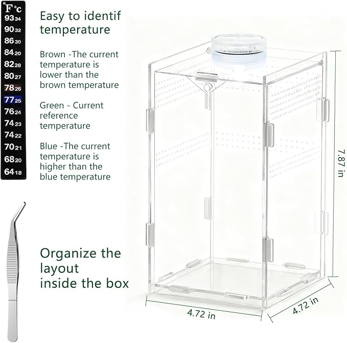 Jumping Spider Enclosure, Small Reptile Insect Terrarium, Spider Tank with Magnetic Door & All-Side Vent, Pre-Assembled Habitat for Spiderling, Mantis, Tarantula, Snail 7.8" * 4.7" * 4.7 (Vertical)