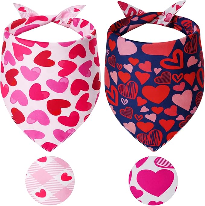 Valentine's Dog Bandanas Small 2PCS, Triangle Reversible Sweetheart Scarf for Boy and Girl, Love Bibs for Large and Small XS Cats