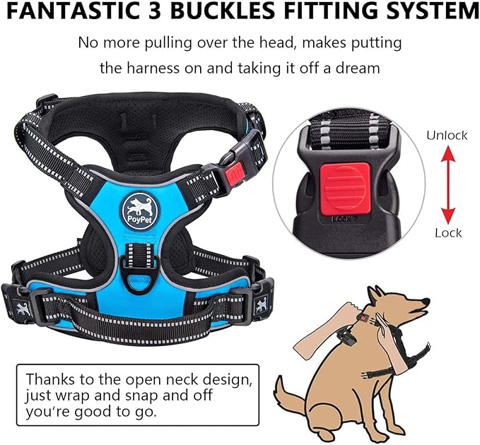PoyPet No Pull Dog Harness, No Choke Front Lead Dog Reflective Harness, Adjustable Soft Padded Pet Vest with Easy Control Handle for Small to Large Dogs(Blue,M)