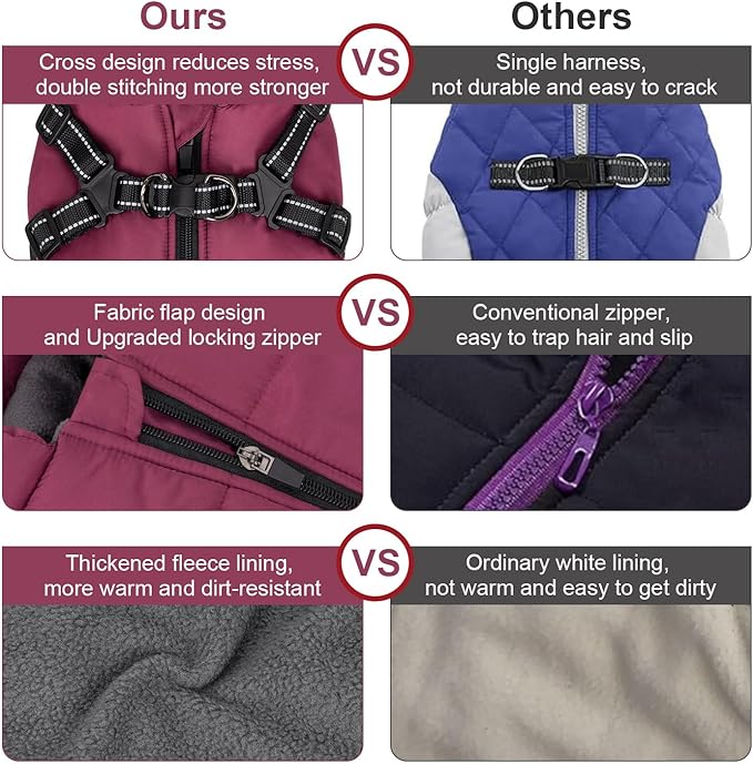 Warm Dog Winter Coat, Dog Cold Weather Jacket with Built-in Harness, Reflective & Adjustable Comfortable Pet Vest, Windproof Apparel for Small Medium Large Dogs (Purple)