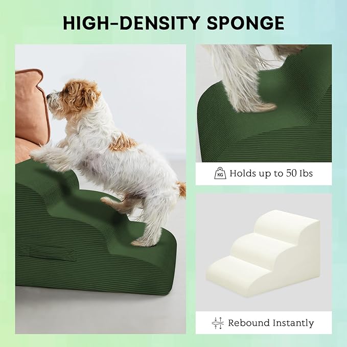 Mesa Lemon Dog Steps for Small Dogs, 4-Step Pet Ramp Stairs for High Beds and Sofa, Non-Slip Pet Stairs for Small Dogs and Cats, Removable and Easy to Clean Cover, Green