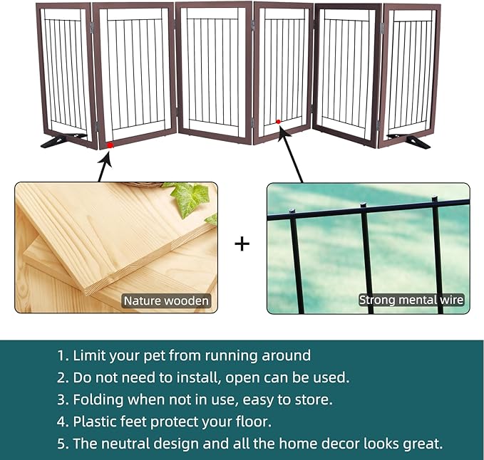 ZJSF Freestanding Dog Gate Indoor, Foldable Dog Fence for Doorways,Hallways or Stairs, Sturdy Wood Extra Wide Pet Gate with Support Feet,Brown,32 "Height-6 Panels