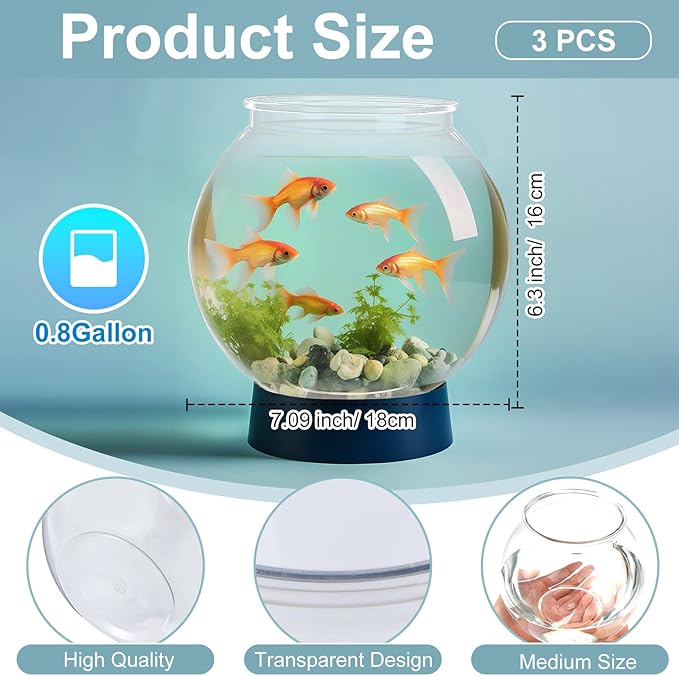 Mifoci 3 Pcs Transparent Shatterproof Fishbowl Clear Round Plastic Aquarium for Betta Fish Goldfish Candy Wedding Party Favor Desktop Decoration, 7.09 x 6.3