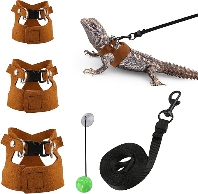 5 Pack Bearded Dragon Leash and Harness Set, Adjustable Soft Leather Lizard Leash with 3 Sizes for Small Animals, Reptile Walking Training Vest for Ferret, Hamster, Chameleon, Brown