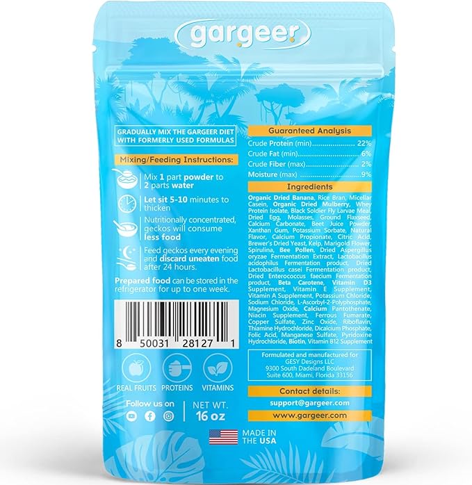 Gargeer 16oz Complete Crested Gecko Food Diet. Premium Ingredients Mix, Ready to Use Freshly Made Powder. Unique Superfood Formula, Developed & Made in The USA. Enjoy!