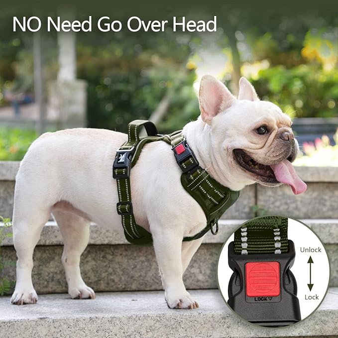 PoyPet No Pull Dog Harness, No Choke Reflective Dog Vest, Adjustable Pet Harnesses with Easy Control Padded Handle for Small Medium Large Dogs(Military Green,XS)