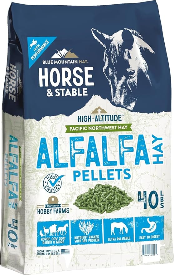 Blue Mountain Hay High Altitude Alfalfa Hay Pellets (40 lb), Ultra Premium Nutrient Dense Forage, Small Quick Soaking Low Dust Pellets, Easy to Measure, Automatic Feeder Friendly