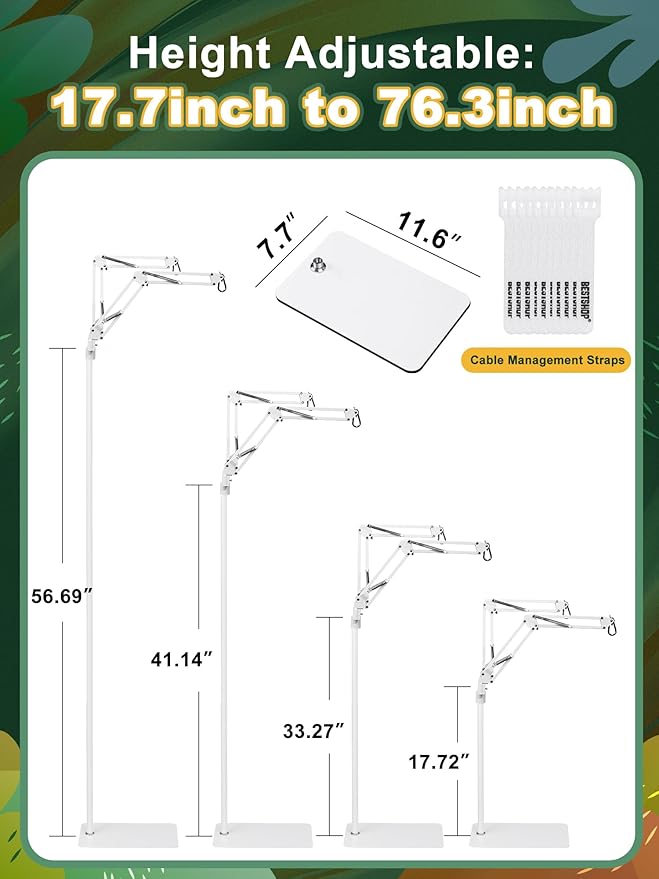 Dual Reptile Light Stand, Heat Bulb Stand (15.7 to 74.3 inch) with 2 Adjustable 360° Swing Arms for Terrarium, Reptile Heat Lamp Stand for Bearded Dragons, Turtles, and Chameleons (White)
