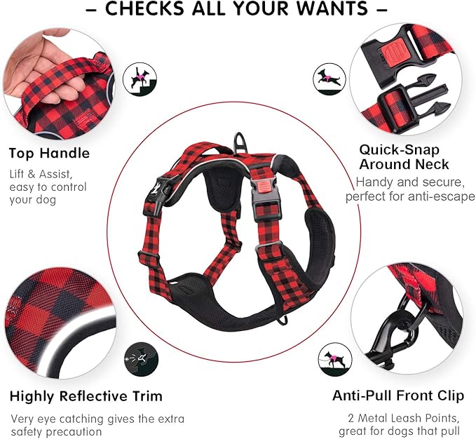 PoyPet No Pull Dog Harness, [Release at Neck] Reflective Adjustable No Choke Pet Vest with Front & Back 2 Leash Attachments, Soft Control Training Handle, Plaid(Checkered Red, XL)