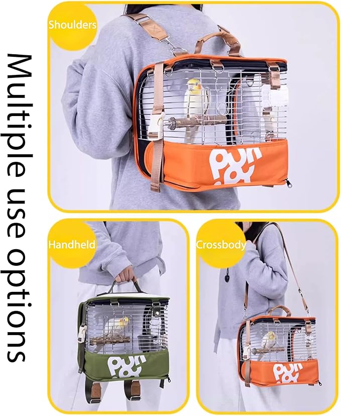 Portable Bird Travel Cage Backpack – Durable Stainless Steel Mesh Carrier with Stand/Tray, for Parrots, Cockatiels, Conures, and Parakeets – Perfect for Outdoor Adventures (Orange)