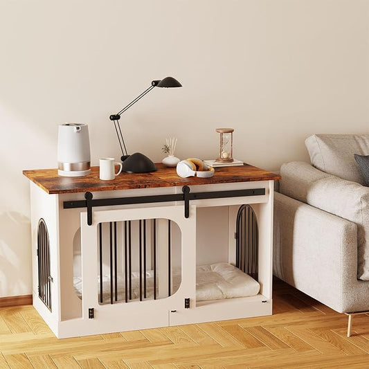 XXL Dog Crate Furniture, 47.2 Inches White Kennel Furniture with Cushion Decorative Farmhouse Crate Indoor Thick Wooden Pet House End Table Modern Cage Furniture for Medium/Large Dog